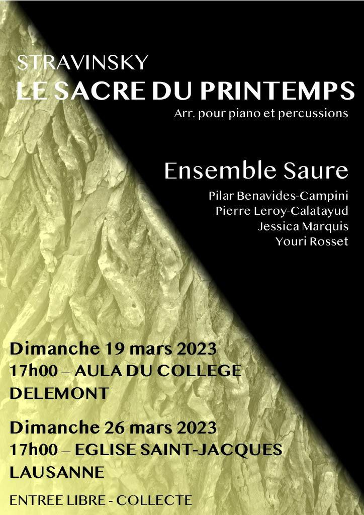 DI 19 et 26 mars à 17h – Concert Ensemble Saure – Delémont et Lausanne