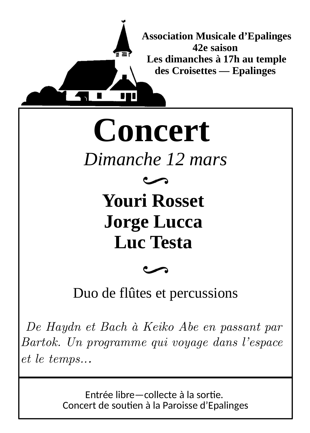 Dimanche 12 mars – Concert Flûtes et Percussions – Epalinges